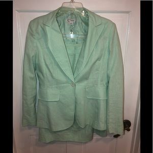 Chadwicks linen skirt suit in pale green.